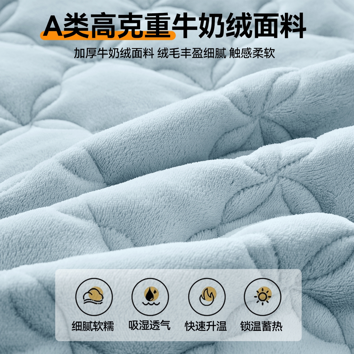 91家纺网 家纺一手货源 找家纺 布卢姆床垫 2025新款A类抗菌牛奶绒床笠 菱格-天空蓝