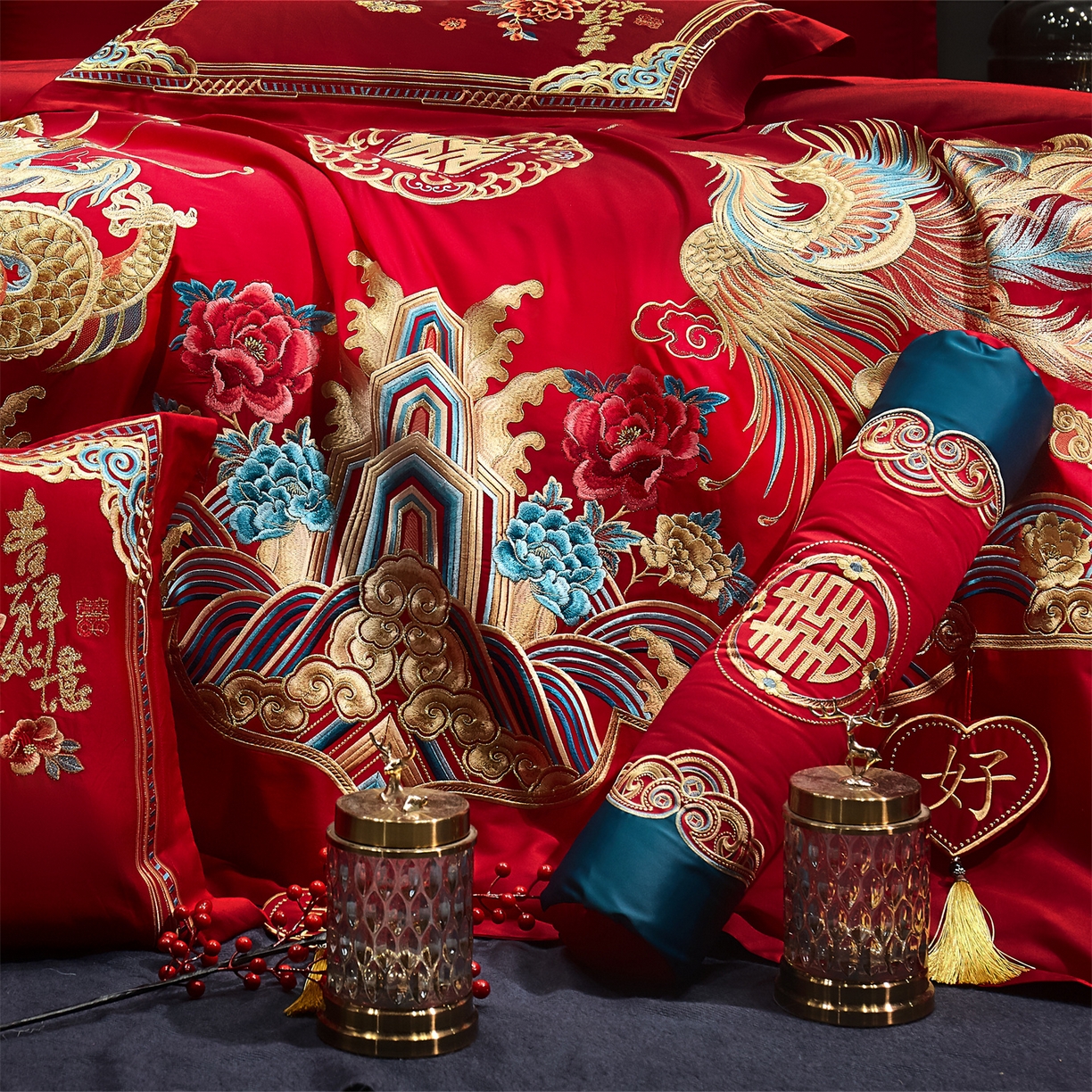 91家纺网 家纺一手货源 找家纺 布乐意 2025新款全棉长绒棉贡缎提花全工艺喷气重工新中式绣花大红婚庆四件套多件套直播 百年好合