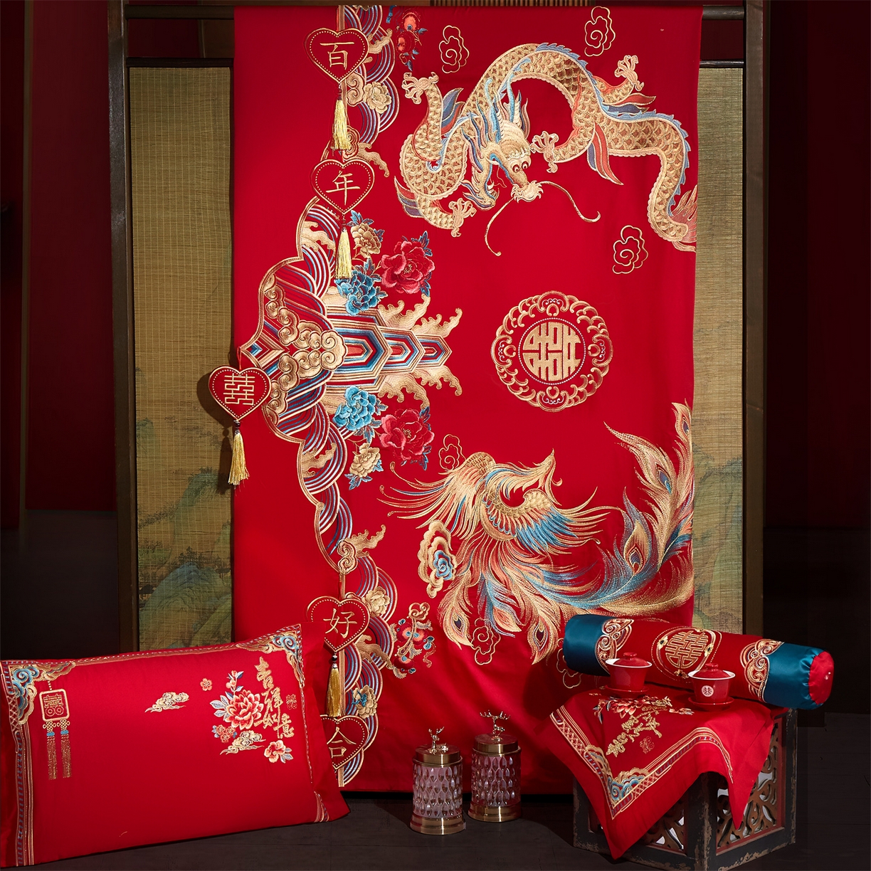 91家纺网 家纺一手货源 找家纺 布乐意 2025新款全棉长绒棉贡缎提花全工艺喷气重工新中式绣花大红婚庆四件套多件套直播 百年好合