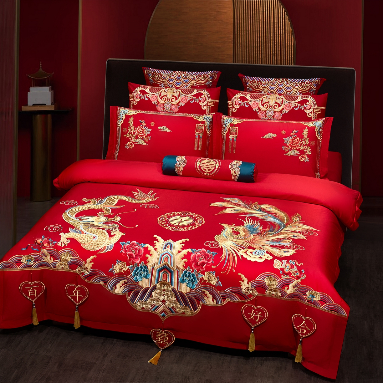 91家纺网 家纺一手货源 找家纺 布乐意 2025新款全棉长绒棉贡缎提花全工艺喷气重工新中式绣花大红婚庆四件套多件套直播 百年好合