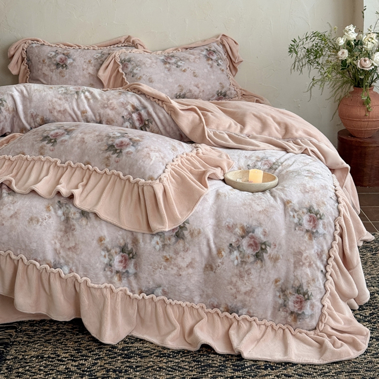 91家纺网 家纺一手货源 找家纺 （总）多乐娜 2025新款高克重260g全消光牛奶绒数码印花花边款法式油画风四件套-罗曼柔光（会员-20），控价最低368起）