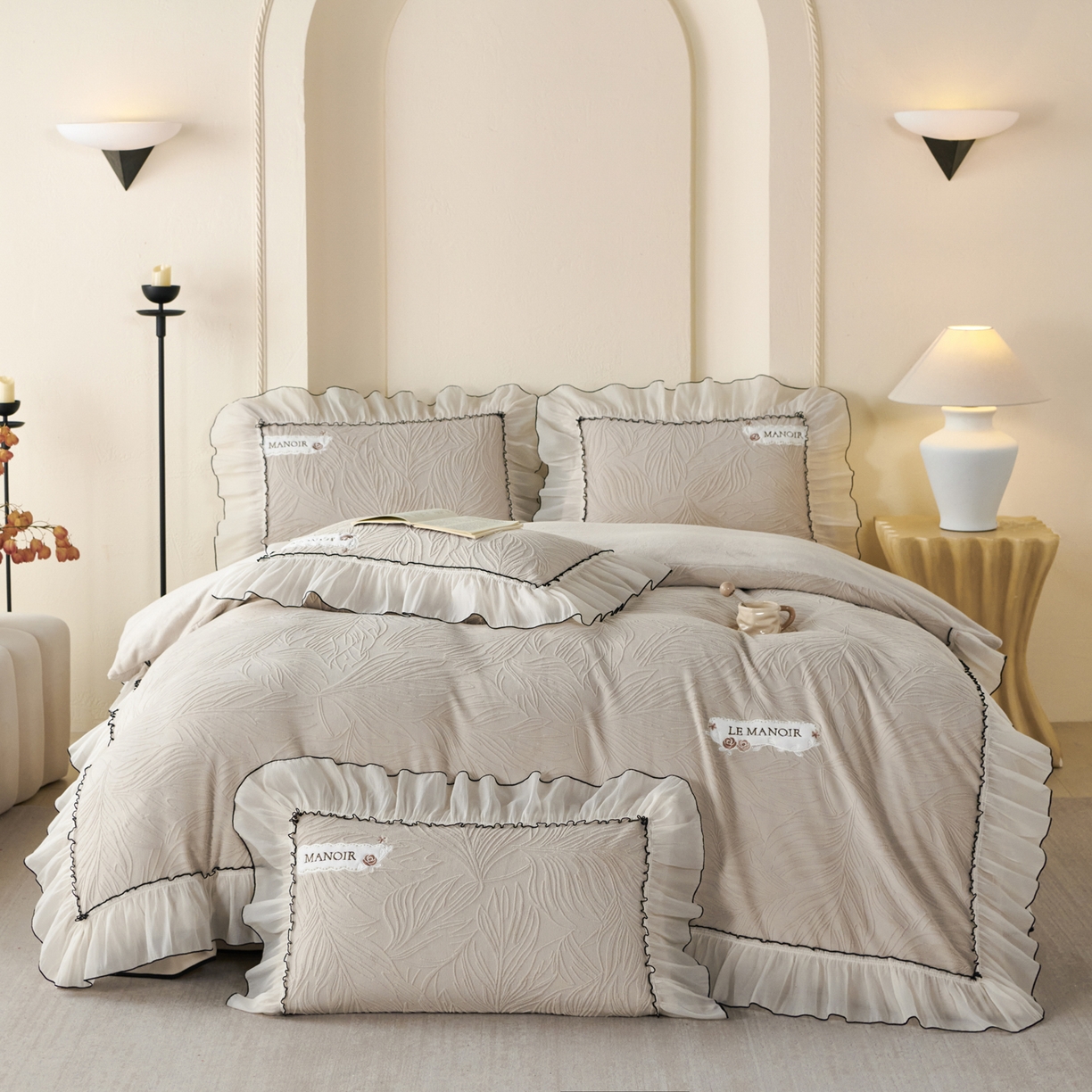 青竹苑 2025新款雕花牛奶绒夹棉床盖款四件套 森野-浅灰