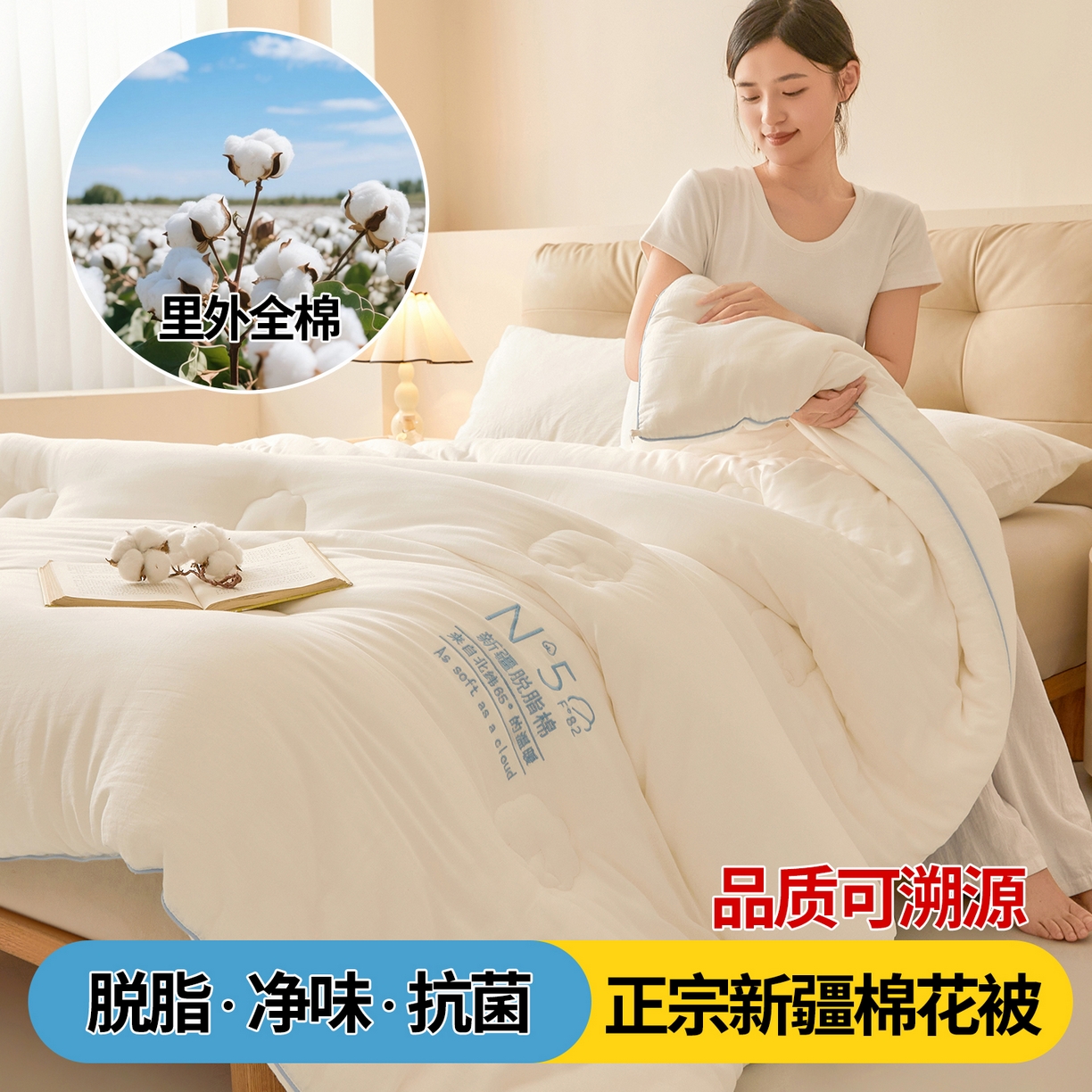 91家纺网 家纺一手货源 找家纺 2025新款母婴A类双层纱新疆棉花脱脂棉花里外全棉100%新疆棉花被子10A抗菌冬被纯棉加厚保暖纯棉花被单人春秋棉絮被芯 脱脂棉-白【溯源版】