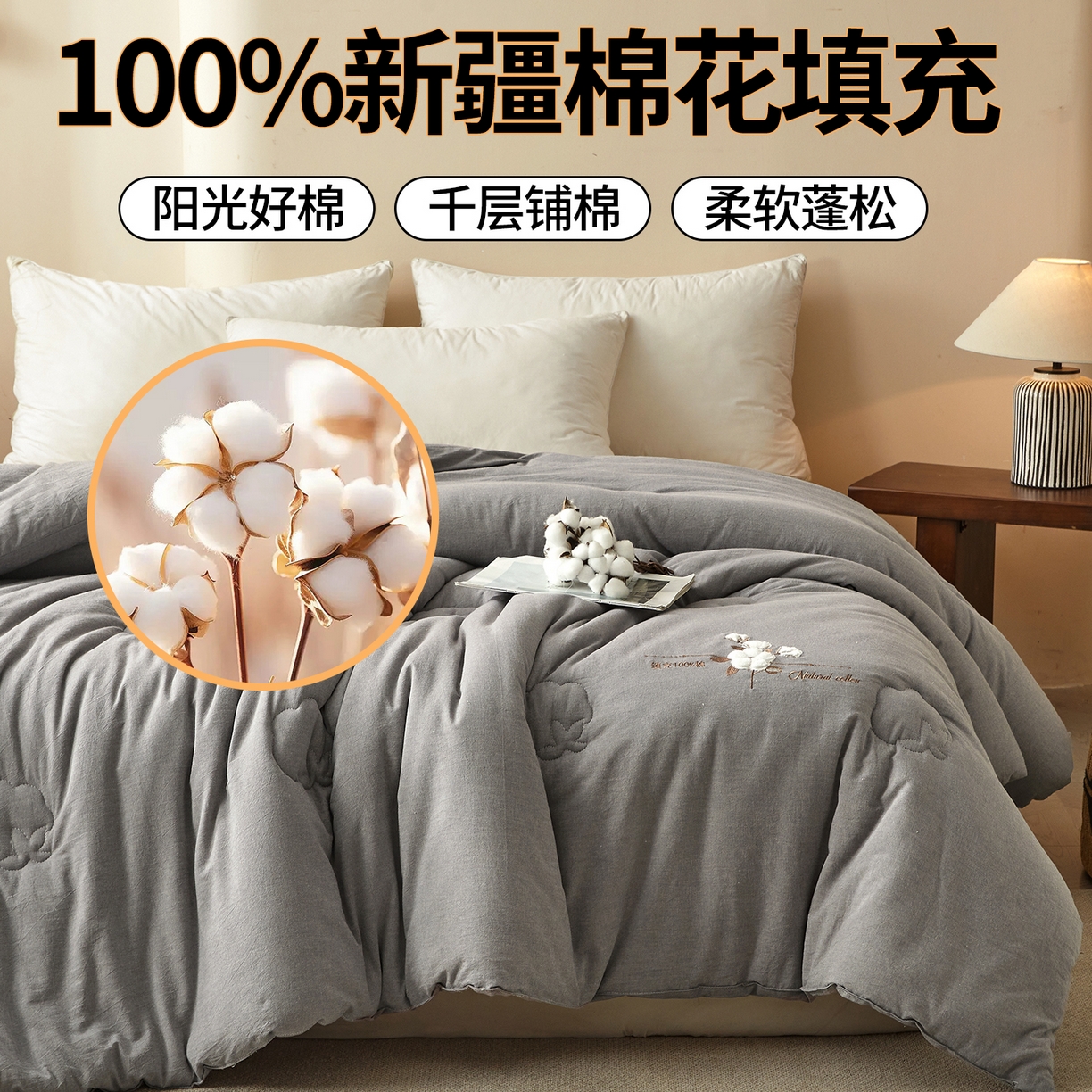 91家纺网 家纺一手货源 找家纺 西域种棉人 2025新款新疆纯棉花被子带皱手工水洗棉冬被被芯春秋被四季用盖被 风铃-灰