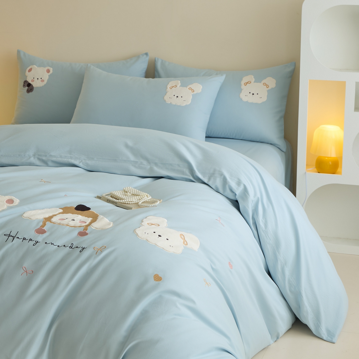 91家纺网 家纺一手货源 找家纺 618家纺 2025新款50S100支全棉纯棉萌宠乐园系列四件套 萌宠乐园-蓝