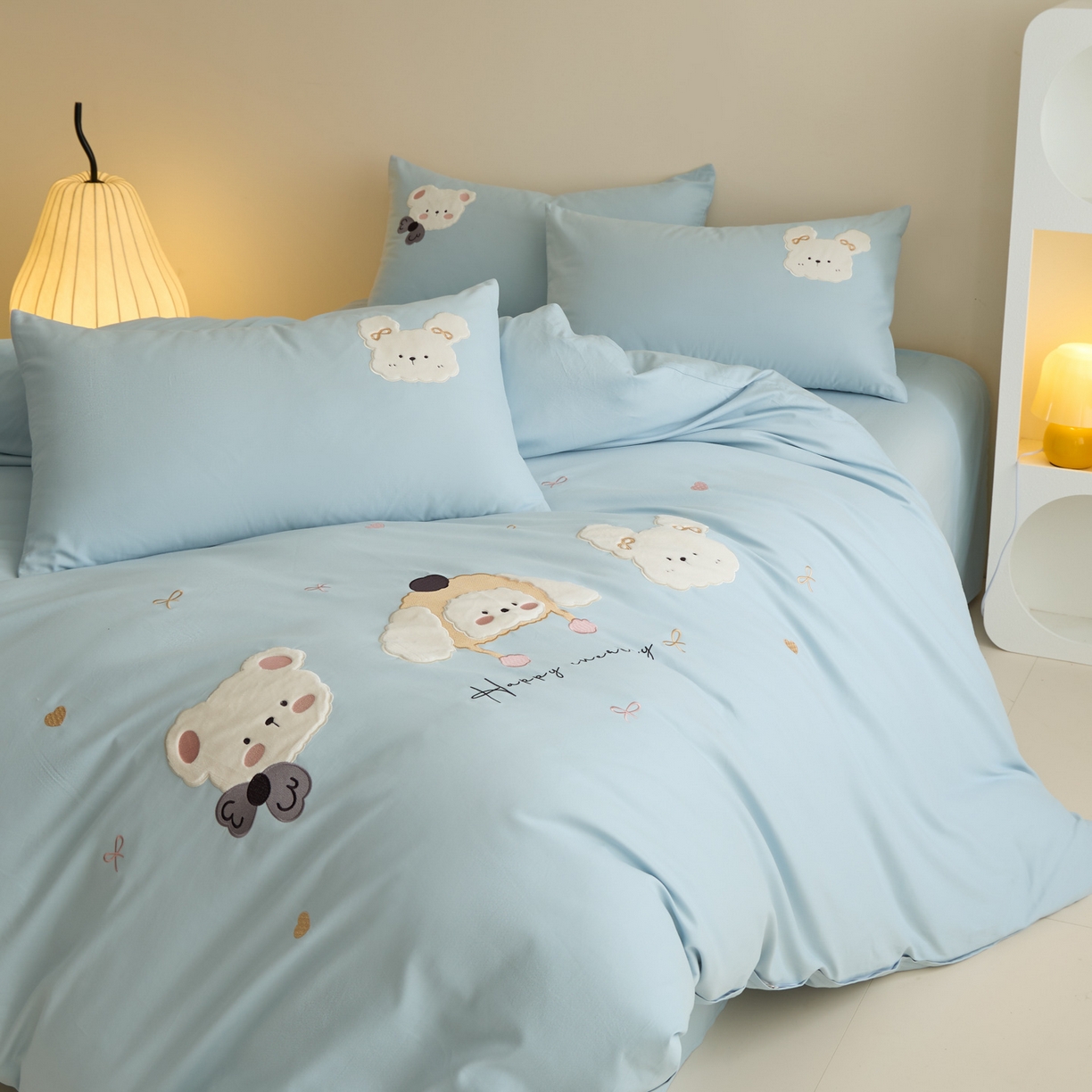 91家纺网 家纺一手货源 找家纺 618家纺 2025新款50S100支全棉纯棉萌宠乐园系列四件套 萌宠乐园-蓝