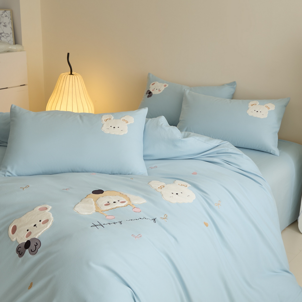 91家纺网 家纺一手货源 找家纺 618家纺 2025新款50S100支全棉纯棉萌宠乐园系列四件套 萌宠乐园-蓝