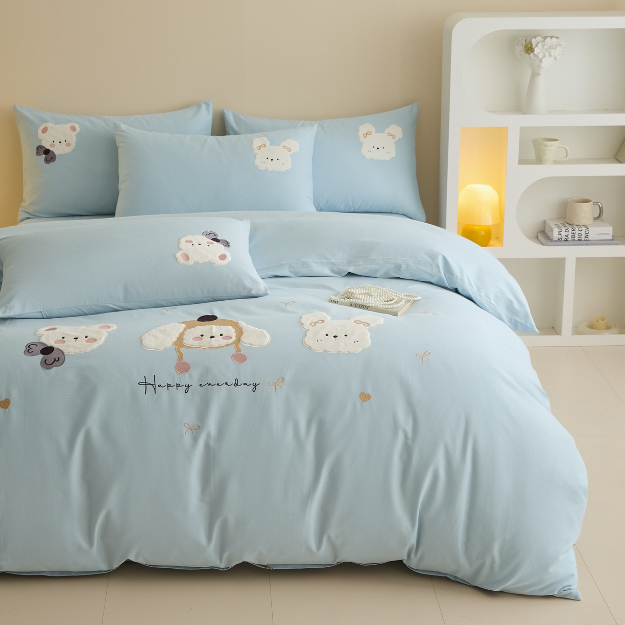 91家纺网 家纺一手货源 找家纺 618家纺 2025新款50S100支全棉纯棉萌宠乐园系列四件套 萌宠乐园-蓝