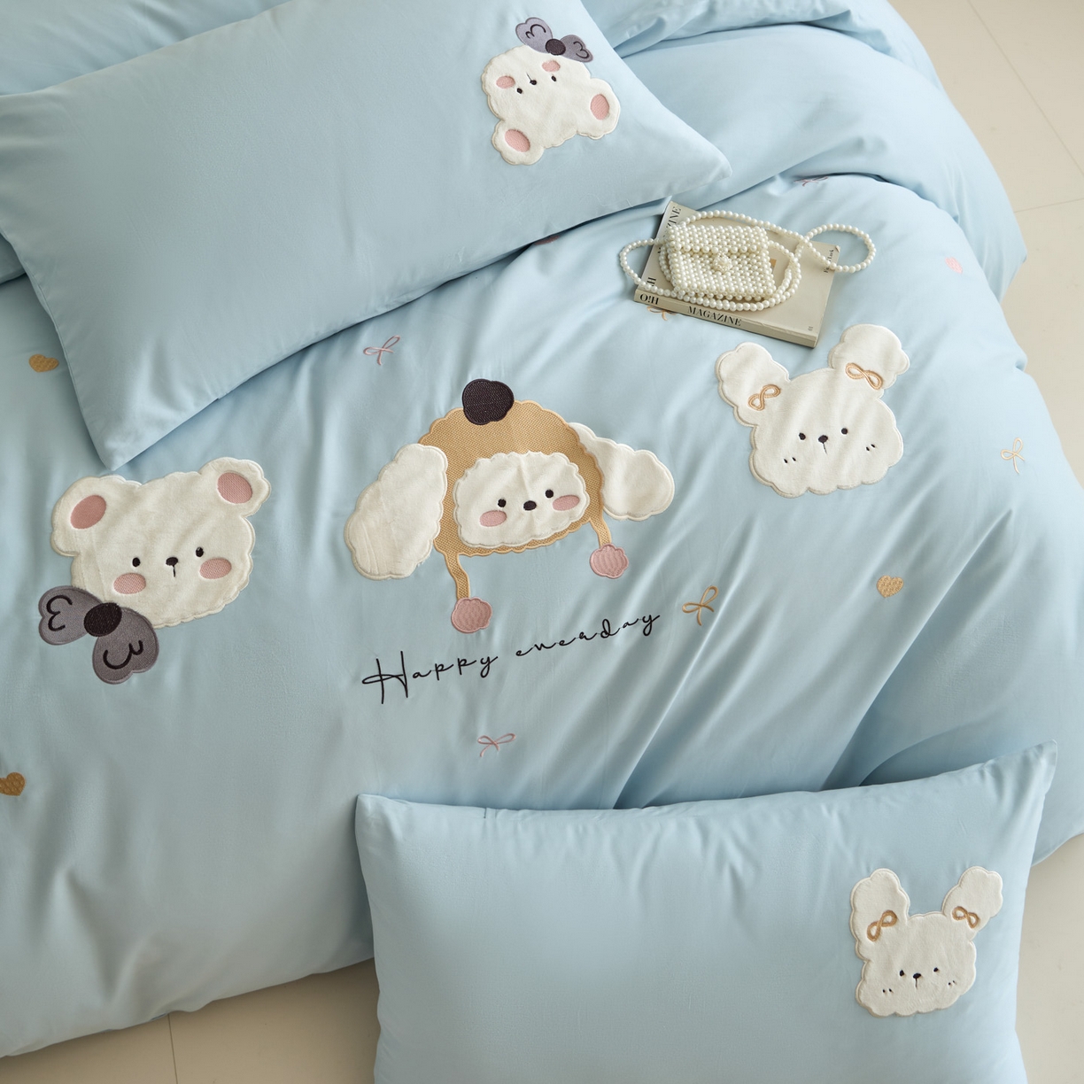 91家纺网 家纺一手货源 找家纺 618家纺 2025新款50S100支全棉纯棉萌宠乐园系列四件套 萌宠乐园-蓝