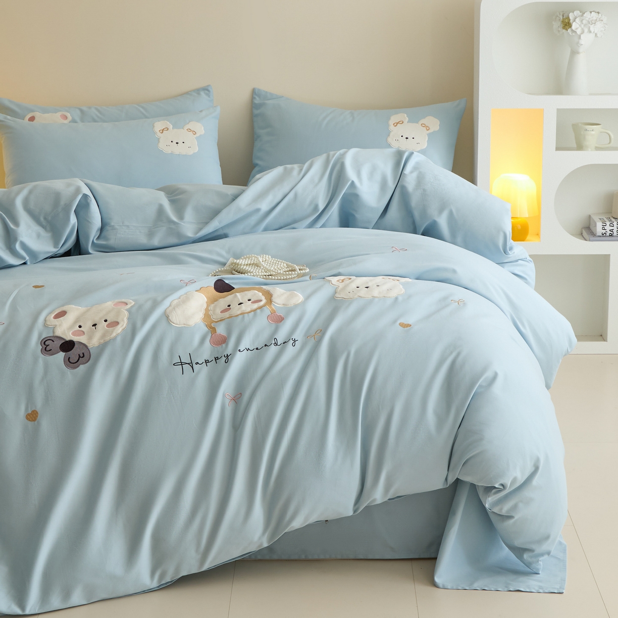 91家纺网 家纺一手货源 找家纺 618家纺 2025新款50S100支全棉纯棉萌宠乐园系列四件套 萌宠乐园-蓝