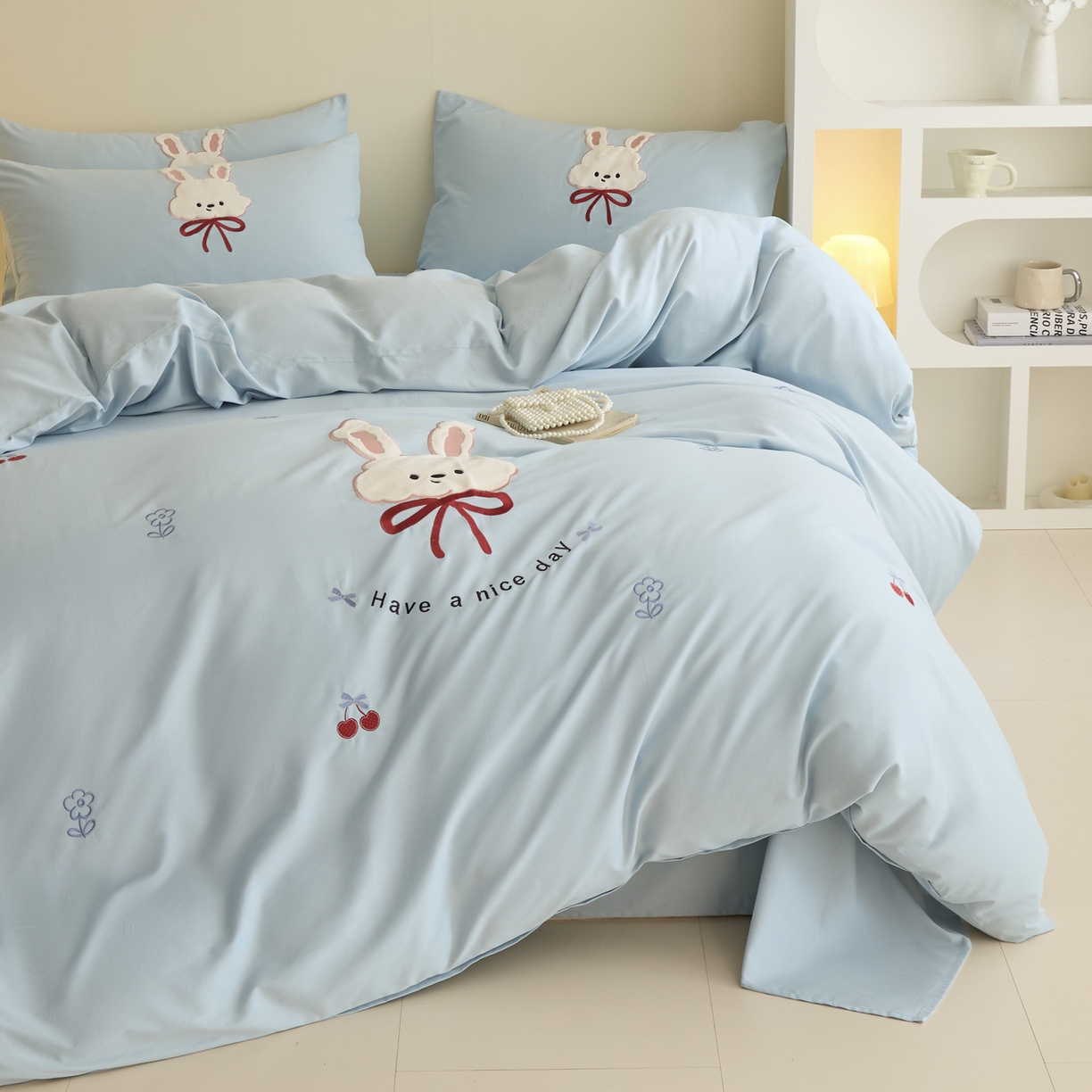 91家纺网 家纺一手货源 找家纺 618家纺 2025新款50S100支全棉纯棉磨毛奶糖系列四件套 奶糖-蓝