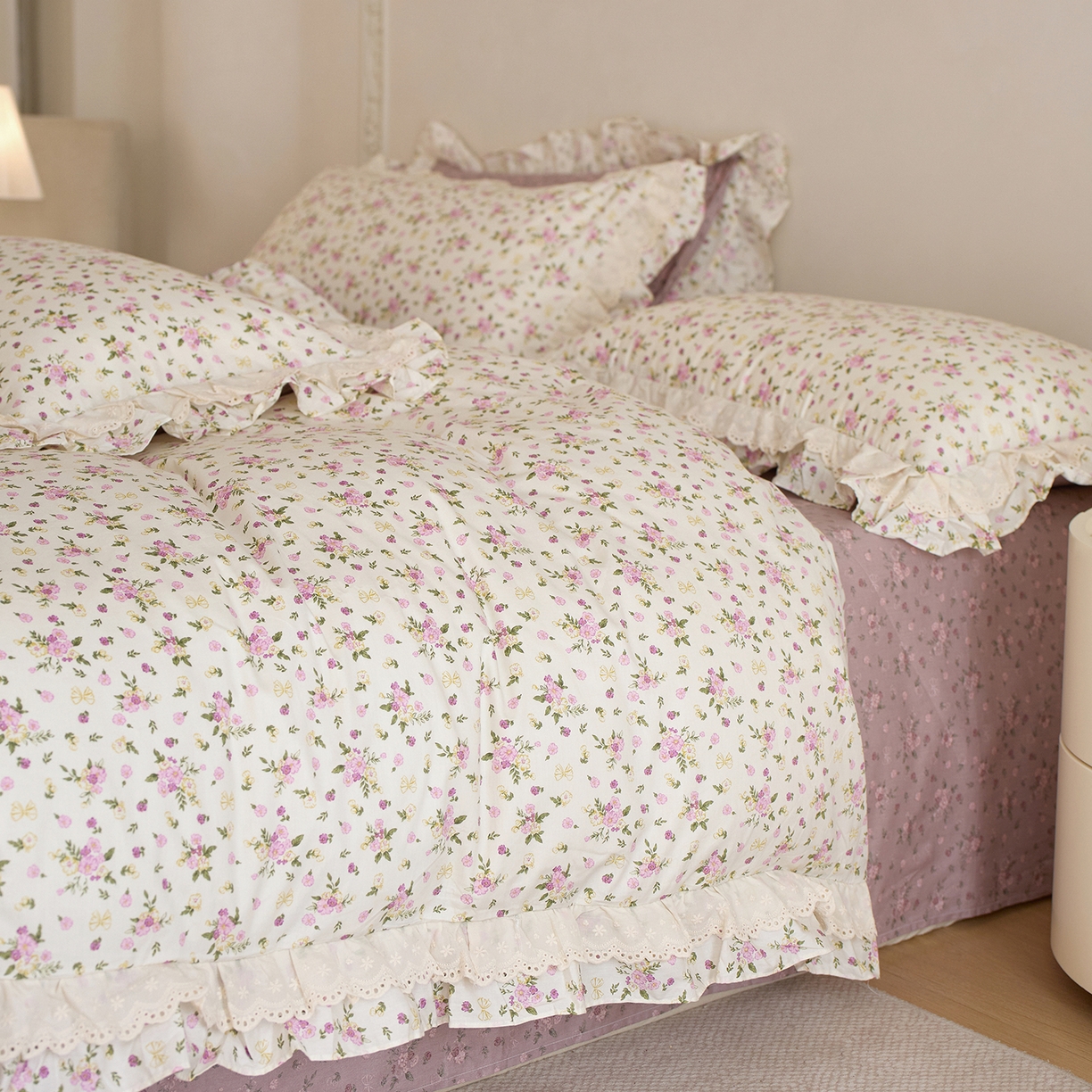 91家纺网 家纺一手货源 找家纺 （总）清雅福 2025春夏新品全棉13372法式双层花边系列四件套