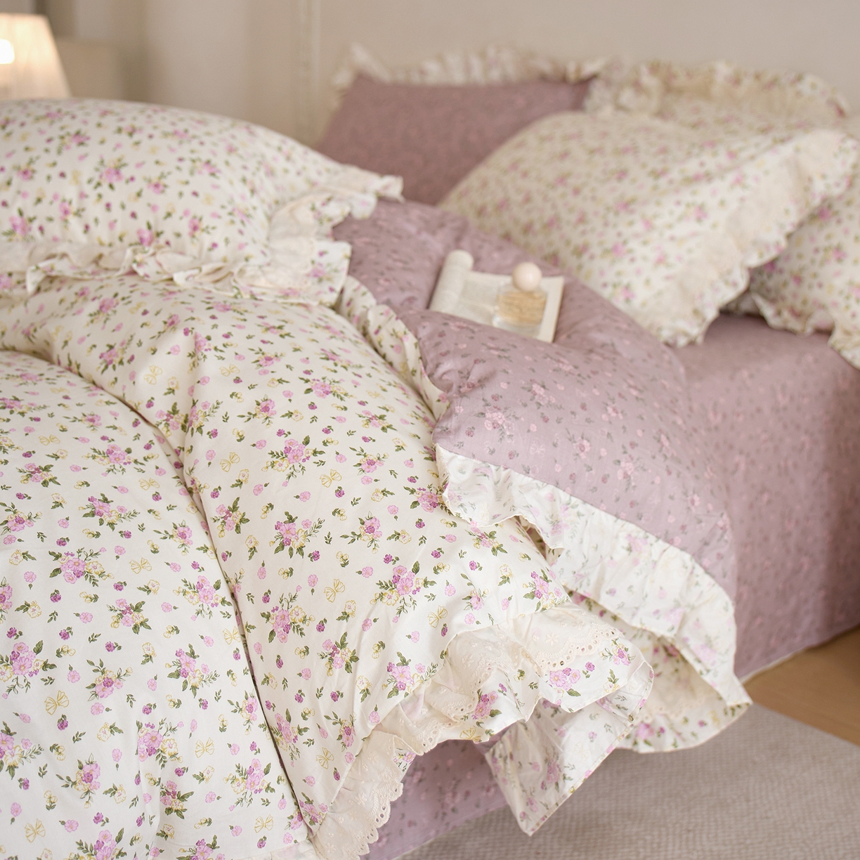 91家纺网 家纺一手货源 找家纺 （总）清雅福 2025春夏新品全棉13372法式双层花边系列四件套