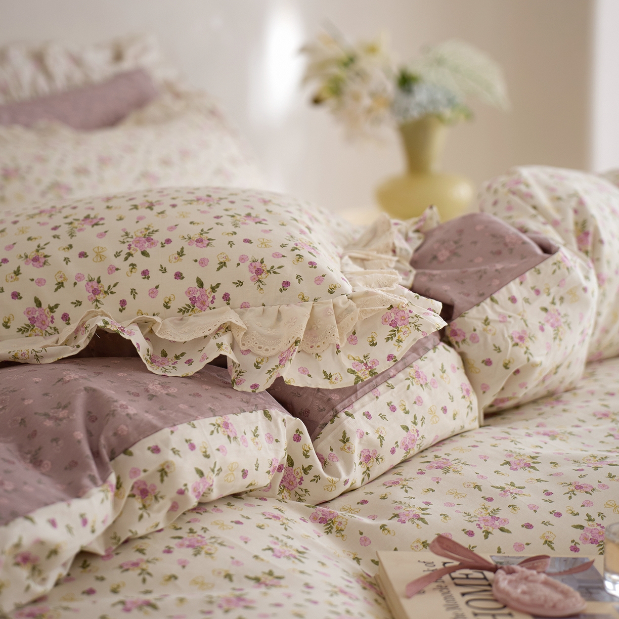 91家纺网 家纺一手货源 找家纺 清雅福 2025春夏新品全棉13372法式双层花边系列四件套 艾米丽