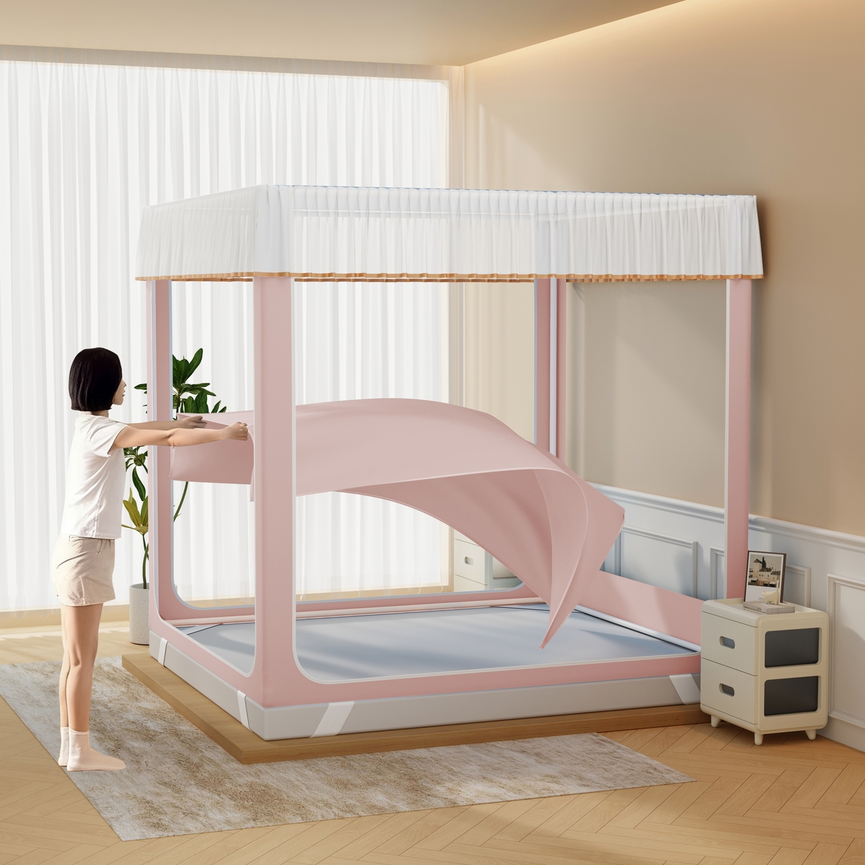 91家纺网 家纺一手货源 找家纺 （总）卓尔居 2025新款坐床保暖罩夹棉一体式保暖蚊帐，夹棉蚊帐，冬季蚊帐