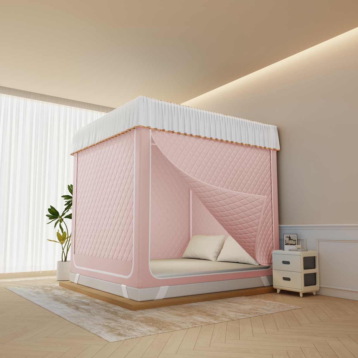 91家纺网 家纺一手货源 找家纺 （总）卓尔居 2025新款坐床保暖罩夹棉一体式保暖蚊帐，夹棉蚊帐，冬季蚊帐