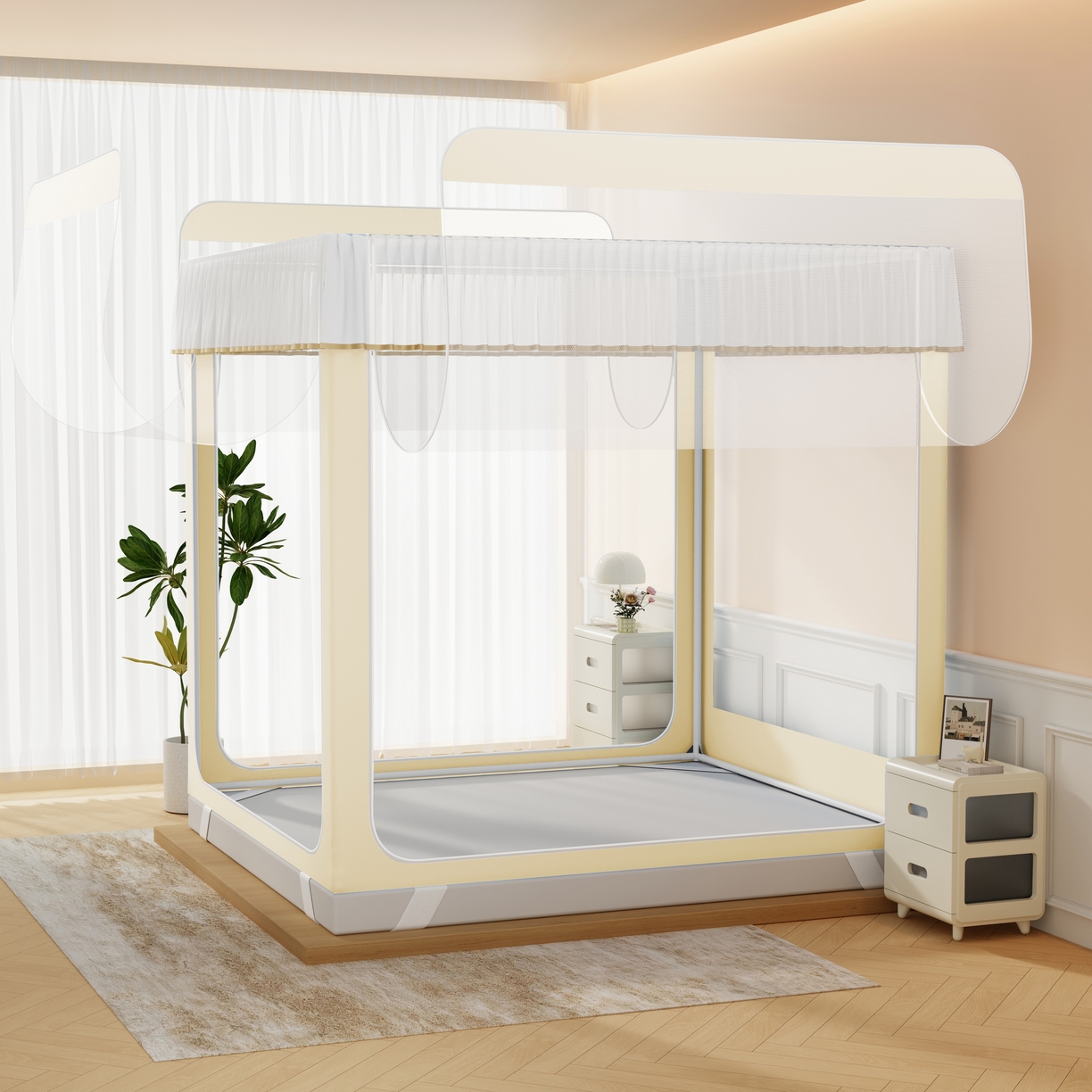 91家纺网 家纺一手货源 找家纺 卓尔居 2025新款坐床保暖罩夹棉一体式保暖蚊帐，夹棉蚊帐，冬季蚊帐 保暖-曲奇小熊-黄