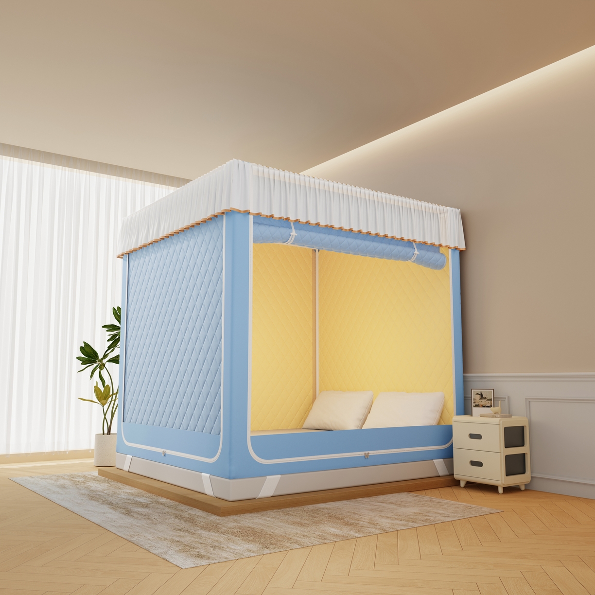 91家纺网 家纺一手货源 找家纺 卓尔居 2025新款坐床保暖罩夹棉一体式保暖蚊帐，夹棉蚊帐，冬季蚊帐 保暖-曲奇小熊-蓝