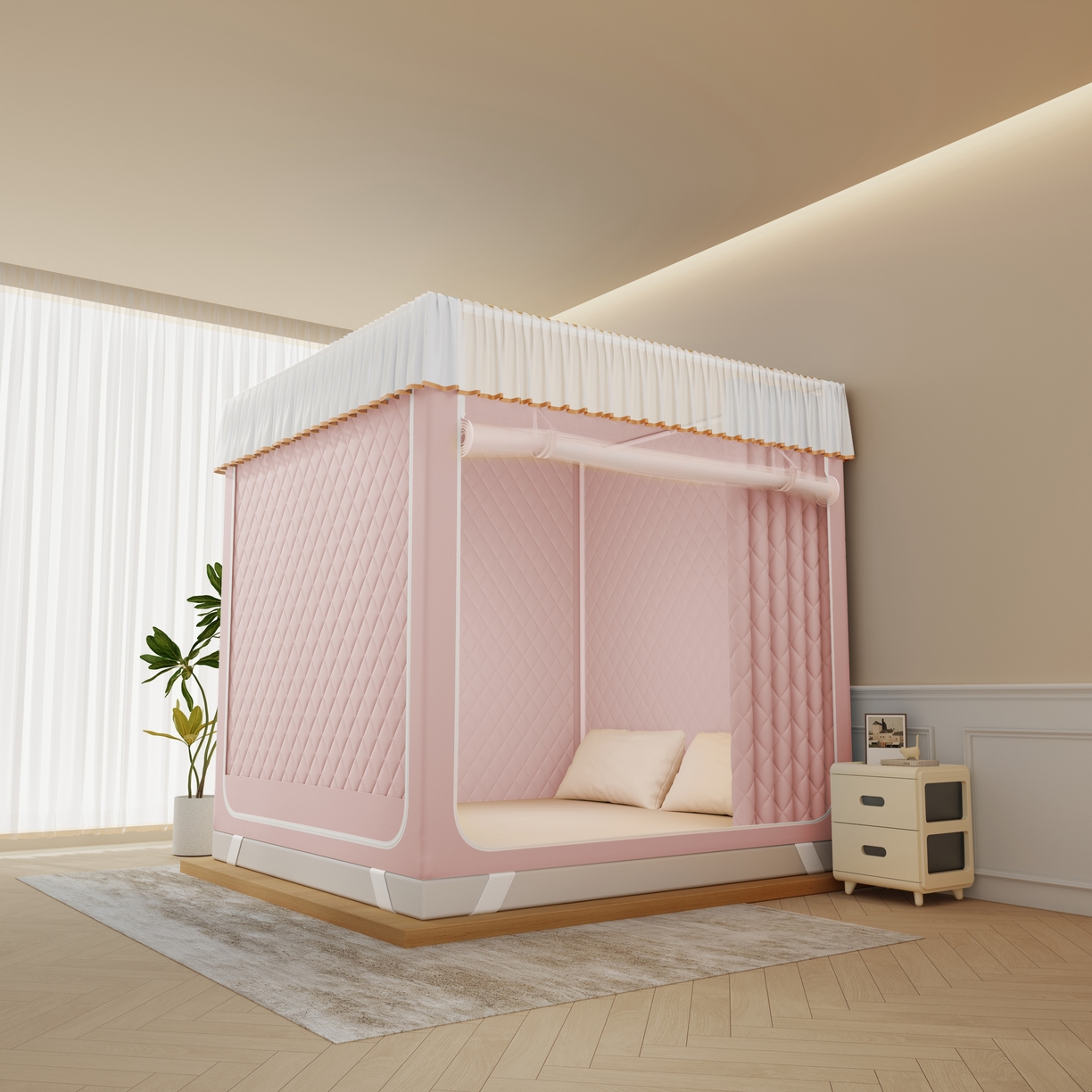 91家纺网 家纺一手货源 找家纺 卓尔居 2025新款坐床保暖罩夹棉一体式保暖蚊帐，夹棉蚊帐，冬季蚊帐 保暖-曲奇小熊-粉