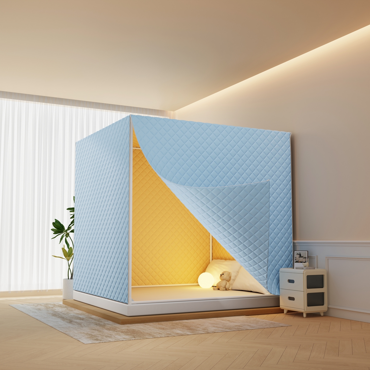 91家纺网 家纺一手货源 找家纺 卓尔居 2025新款坐床保暖罩夹棉一体式保暖蚊帐，夹棉蚊帐，冬季蚊帐 保暖-曲奇小熊-蓝