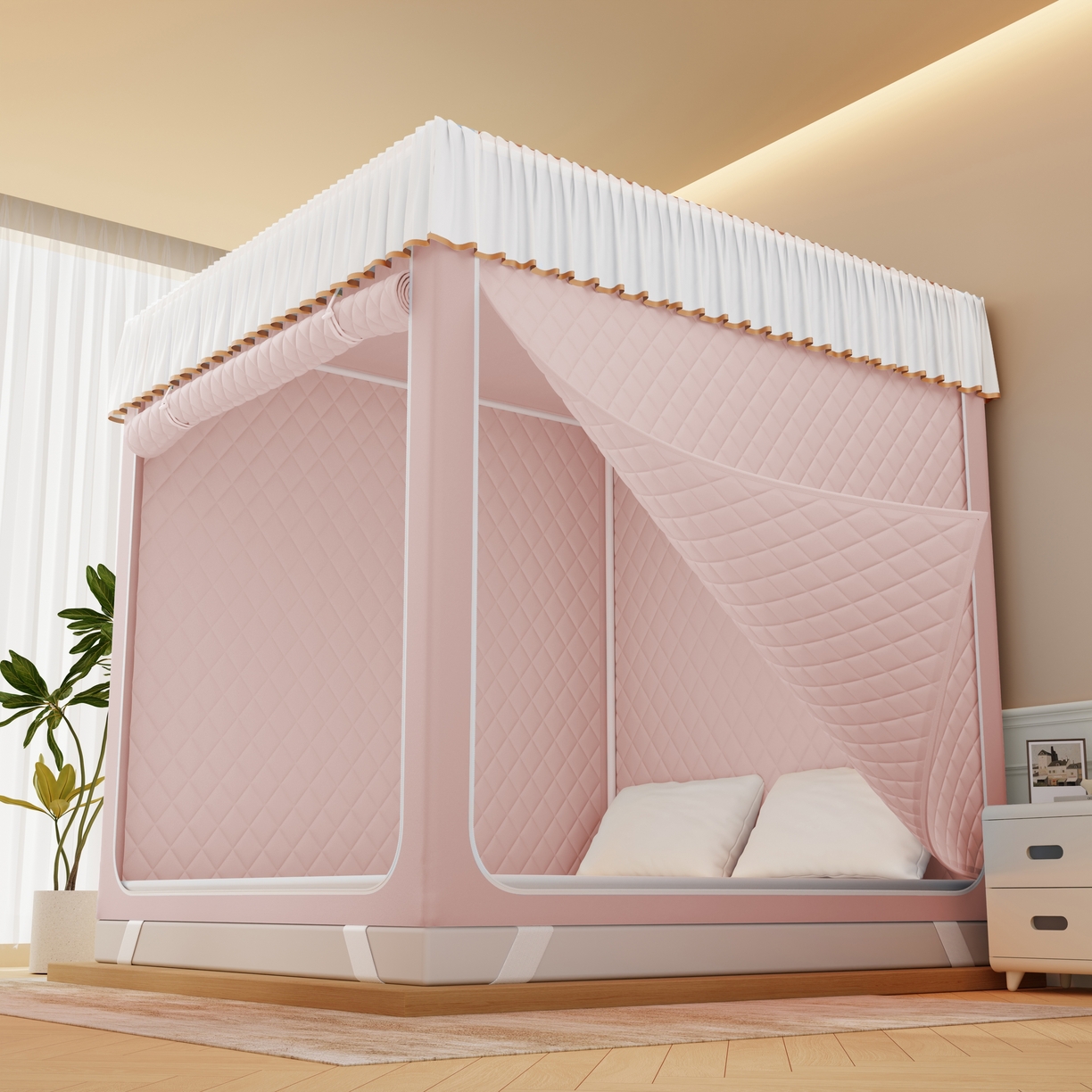 卓尔居 2025新款坐床保暖罩夹棉一体式保暖蚊帐，夹棉蚊帐，冬季蚊帐 保暖-曲奇小熊-粉