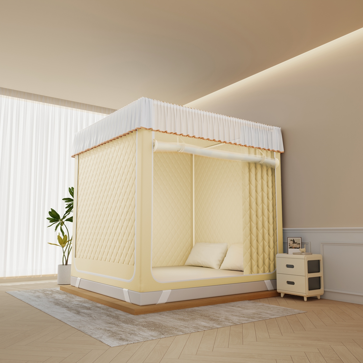 91家纺网 家纺一手货源 找家纺 卓尔居 2025新款坐床保暖罩夹棉一体式保暖蚊帐，夹棉蚊帐，冬季蚊帐 保暖-曲奇小熊-黄