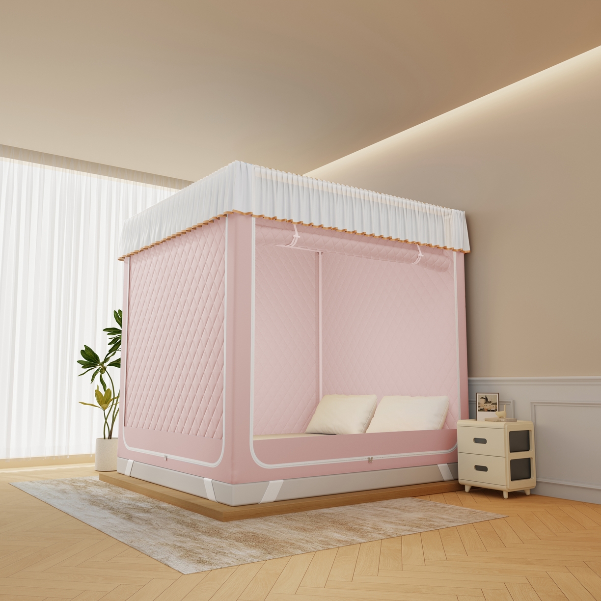 91家纺网 家纺一手货源 找家纺 卓尔居 2025新款坐床保暖罩夹棉一体式保暖蚊帐，夹棉蚊帐，冬季蚊帐 保暖-曲奇小熊-粉