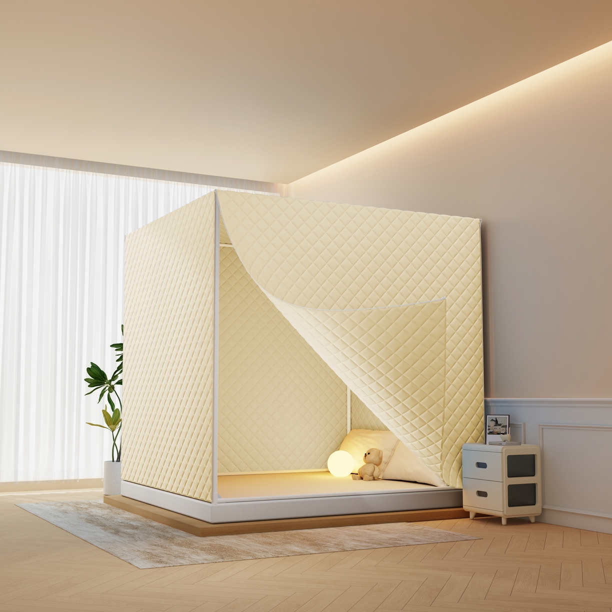 91家纺网 家纺一手货源 找家纺 卓尔居 2025新款坐床保暖罩夹棉一体式保暖蚊帐，夹棉蚊帐，冬季蚊帐 保暖-曲奇小熊-黄