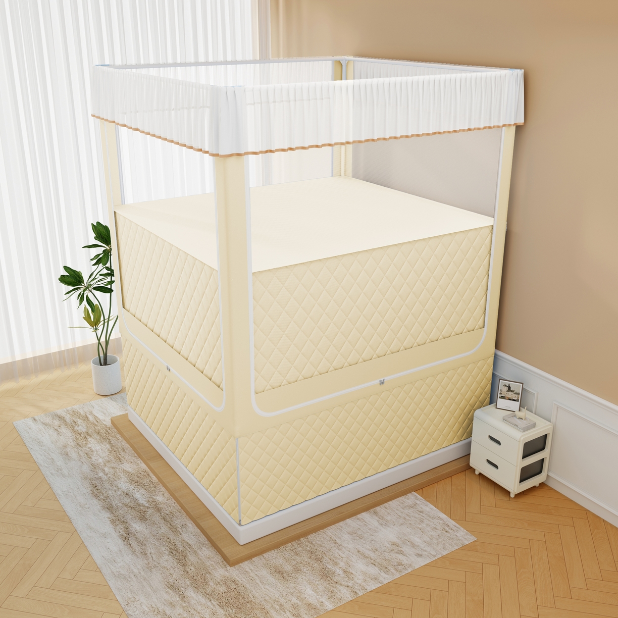 91家纺网 家纺一手货源 找家纺 卓尔居 2025新款坐床保暖罩夹棉一体式保暖蚊帐，夹棉蚊帐，冬季蚊帐 保暖-曲奇小熊-黄