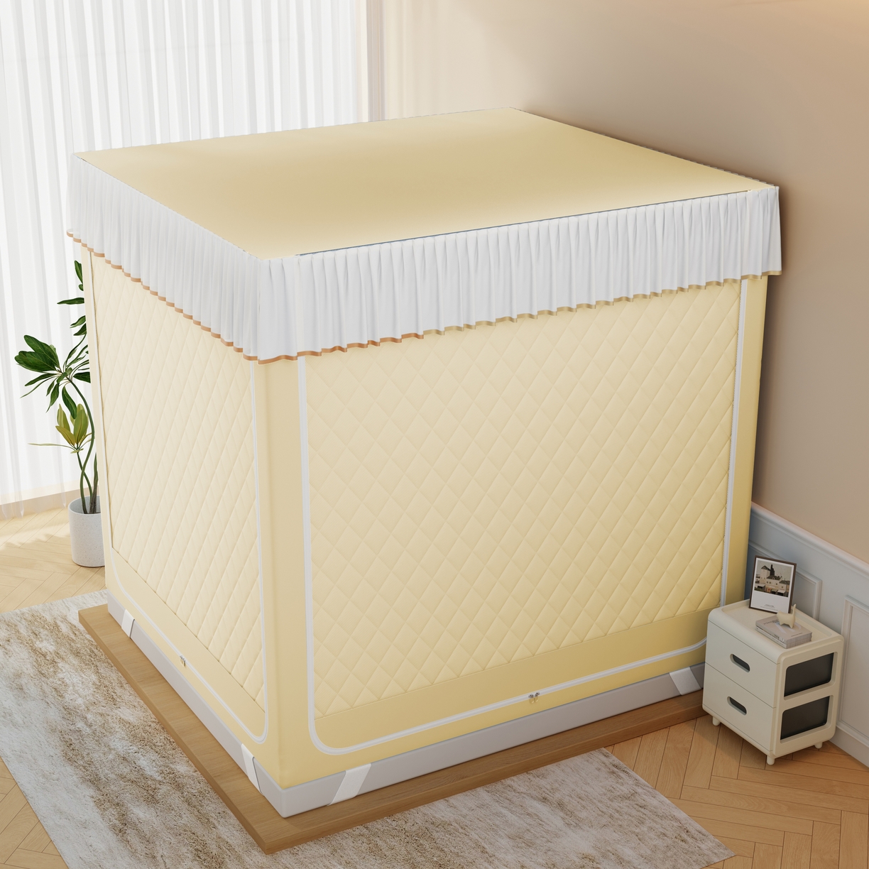 91家纺网 家纺一手货源 找家纺 卓尔居 2025新款坐床保暖罩夹棉一体式保暖蚊帐，夹棉蚊帐，冬季蚊帐 保暖-曲奇小熊-黄