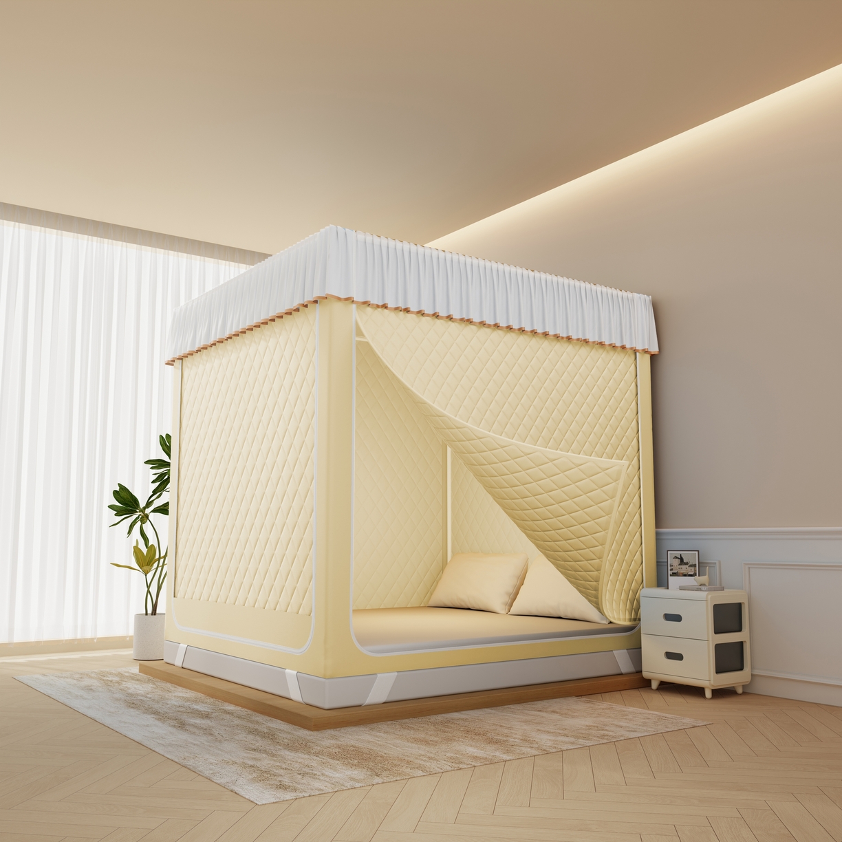 91家纺网 家纺一手货源 找家纺 卓尔居 2025新款坐床保暖罩夹棉一体式保暖蚊帐，夹棉蚊帐，冬季蚊帐 保暖-曲奇小熊-黄