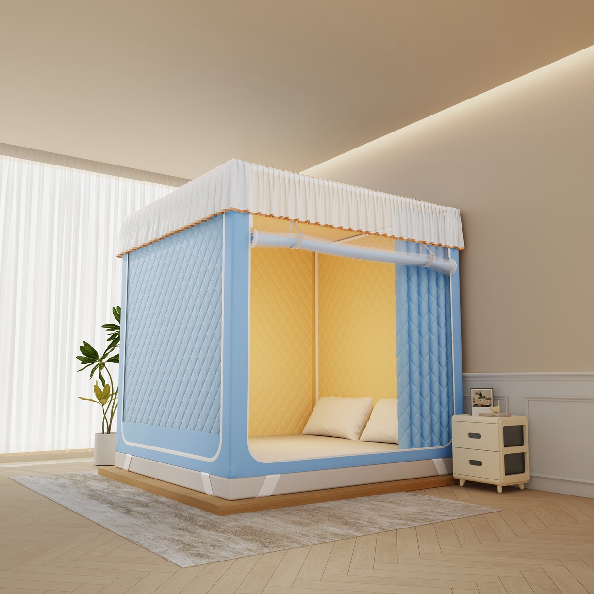 91家纺网 家纺一手货源 找家纺 卓尔居 2025新款坐床保暖罩夹棉一体式保暖蚊帐，夹棉蚊帐，冬季蚊帐 保暖-曲奇小熊-蓝