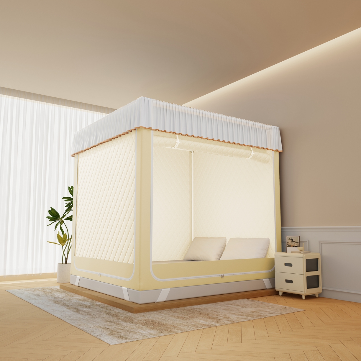 91家纺网 家纺一手货源 找家纺 卓尔居 2025新款坐床保暖罩夹棉一体式保暖蚊帐，夹棉蚊帐，冬季蚊帐 保暖-曲奇小熊-黄