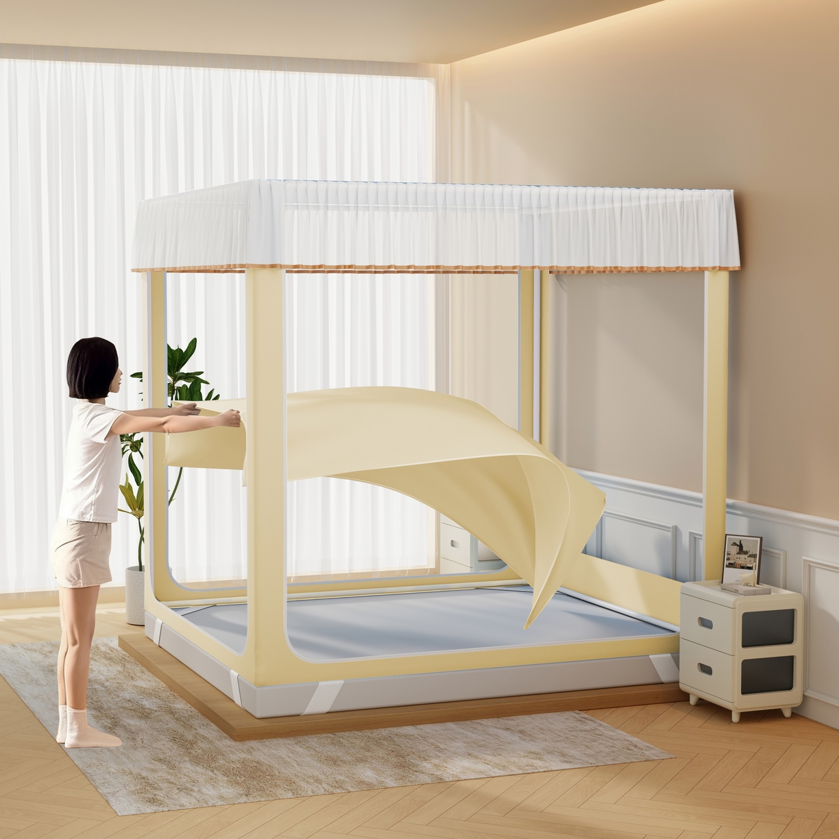 91家纺网 家纺一手货源 找家纺 卓尔居 2025新款坐床保暖罩夹棉一体式保暖蚊帐，夹棉蚊帐，冬季蚊帐 保暖-曲奇小熊-黄