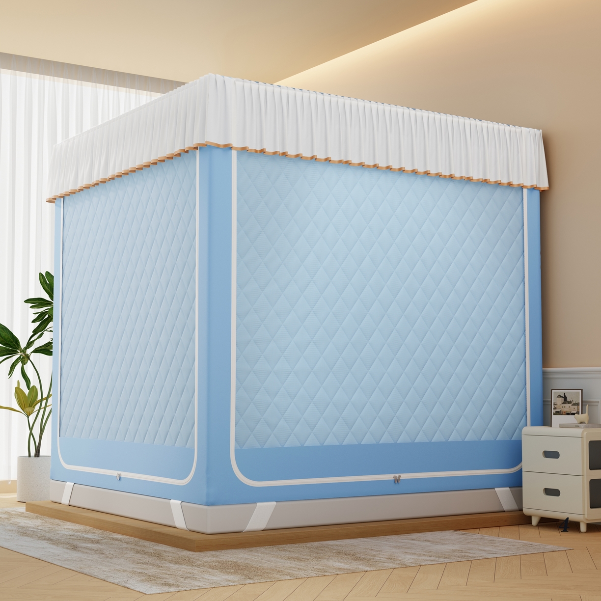 91家纺网 家纺一手货源 找家纺 卓尔居 2025新款坐床保暖罩夹棉一体式保暖蚊帐，夹棉蚊帐，冬季蚊帐 保暖-曲奇小熊-蓝