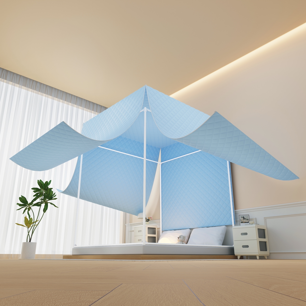 91家纺网 家纺一手货源 找家纺 卓尔居 2025新款坐床保暖罩夹棉一体式保暖蚊帐，夹棉蚊帐，冬季蚊帐 保暖-曲奇小熊-蓝