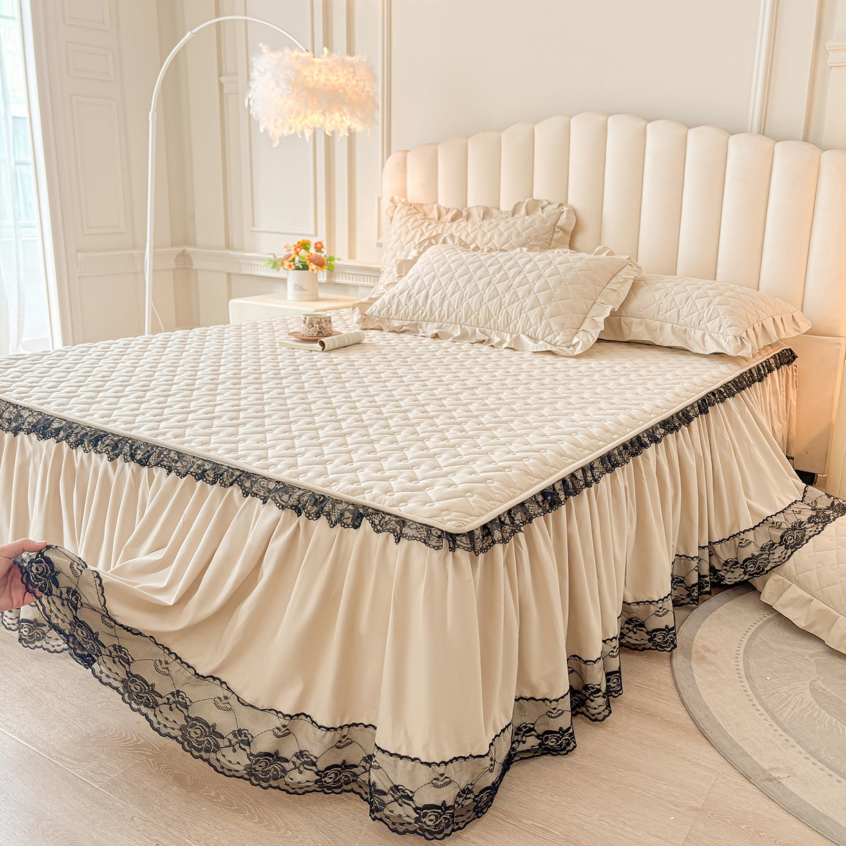 笠裙家纺 2025新款蕾丝水洗棉夹棉加厚单床裙-繁星 繁星-浅咖