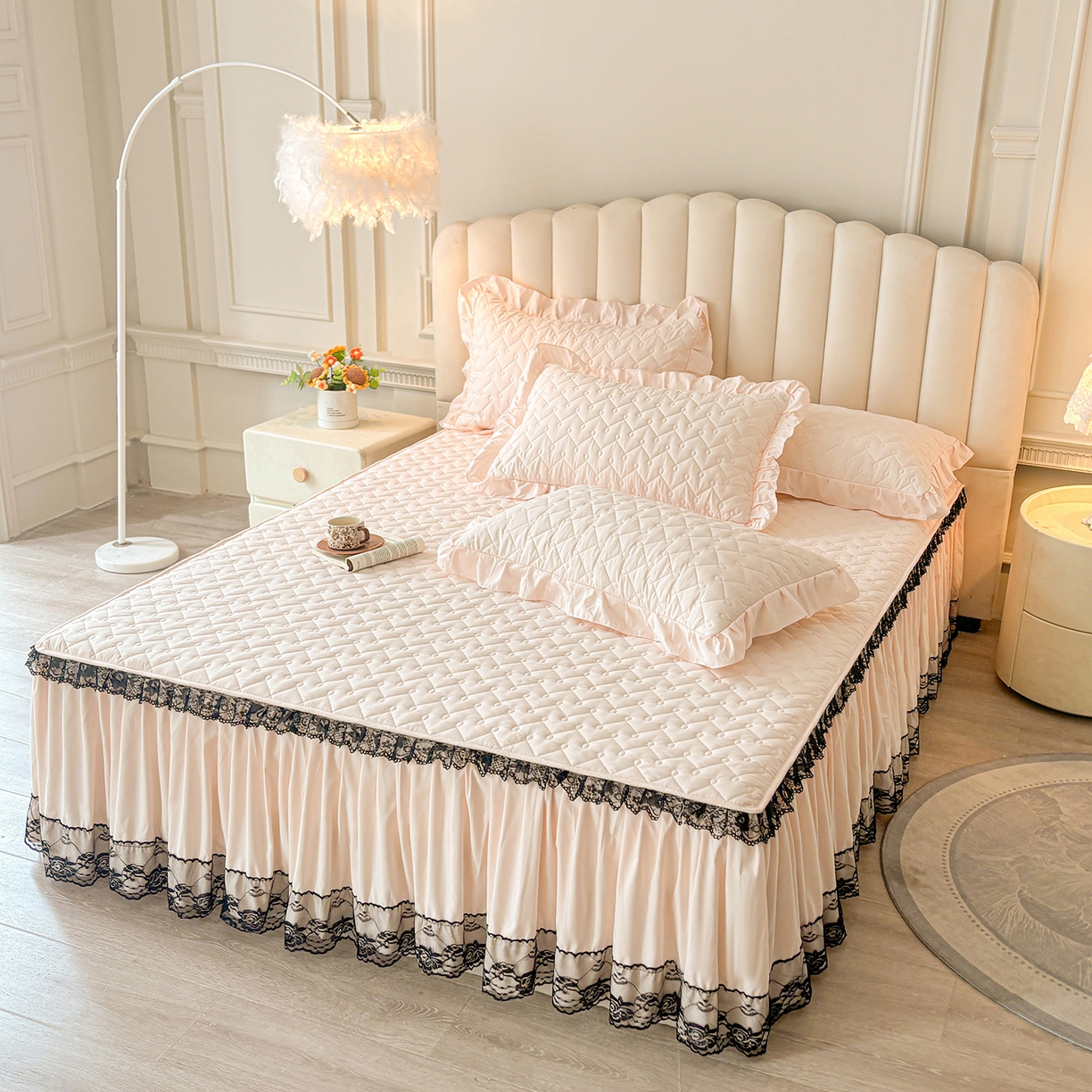 91家纺网 家纺一手货源 找家纺 笠裙家纺 2025新款蕾丝水洗棉夹棉加厚单床裙-繁星 繁星-玫瑰粉