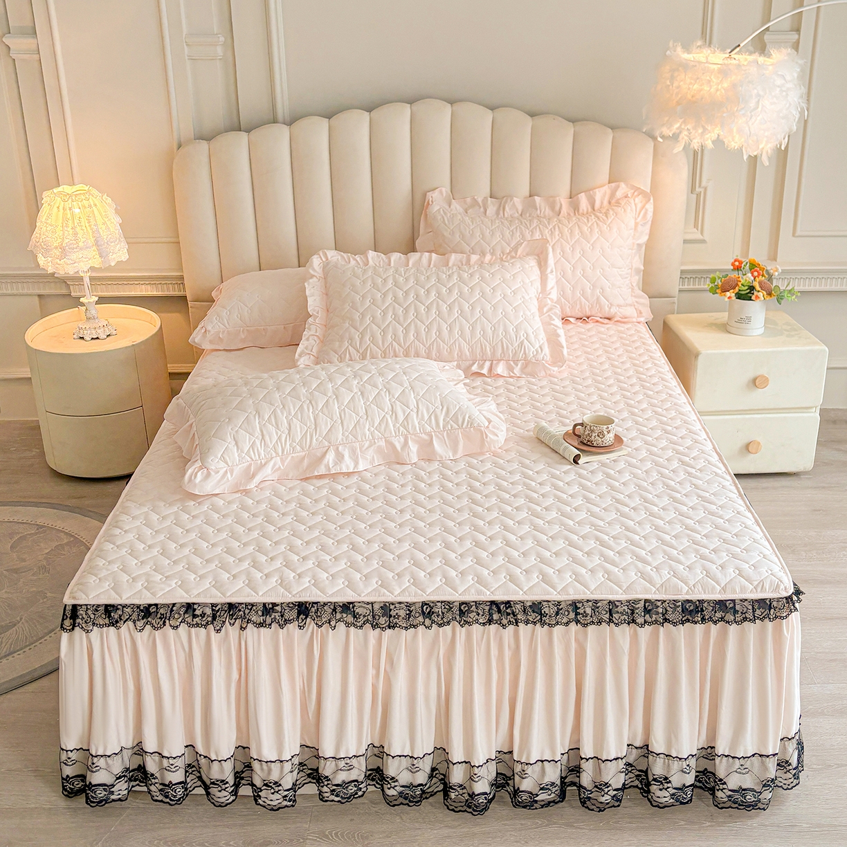 91家纺网 家纺一手货源 找家纺 笠裙家纺 2025新款蕾丝水洗棉夹棉加厚单床裙-繁星 繁星-玫瑰粉