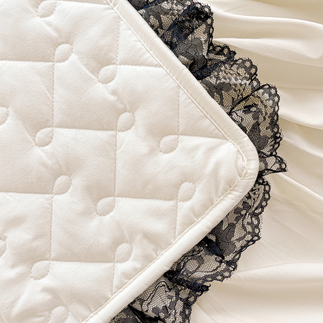 91家纺网 家纺一手货源 找家纺 笠裙家纺 2025新款蕾丝水洗棉夹棉加厚单床裙-繁星 繁星-米白