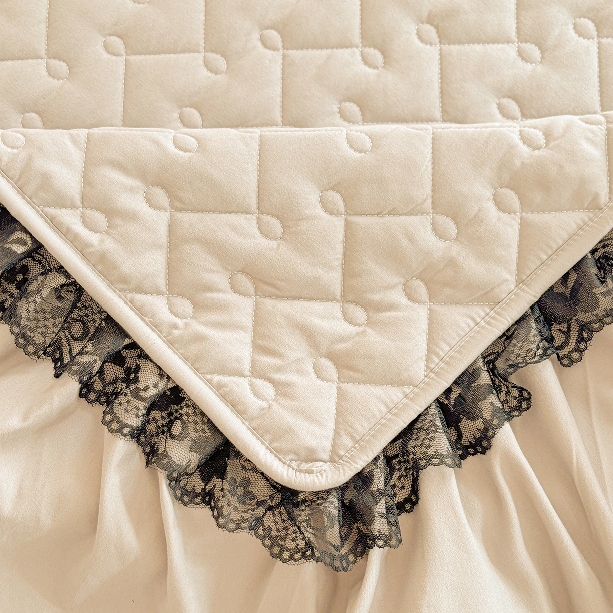 91家纺网 家纺一手货源 找家纺 笠裙家纺 2025新款蕾丝水洗棉夹棉加厚单床裙-繁星 繁星-浅咖