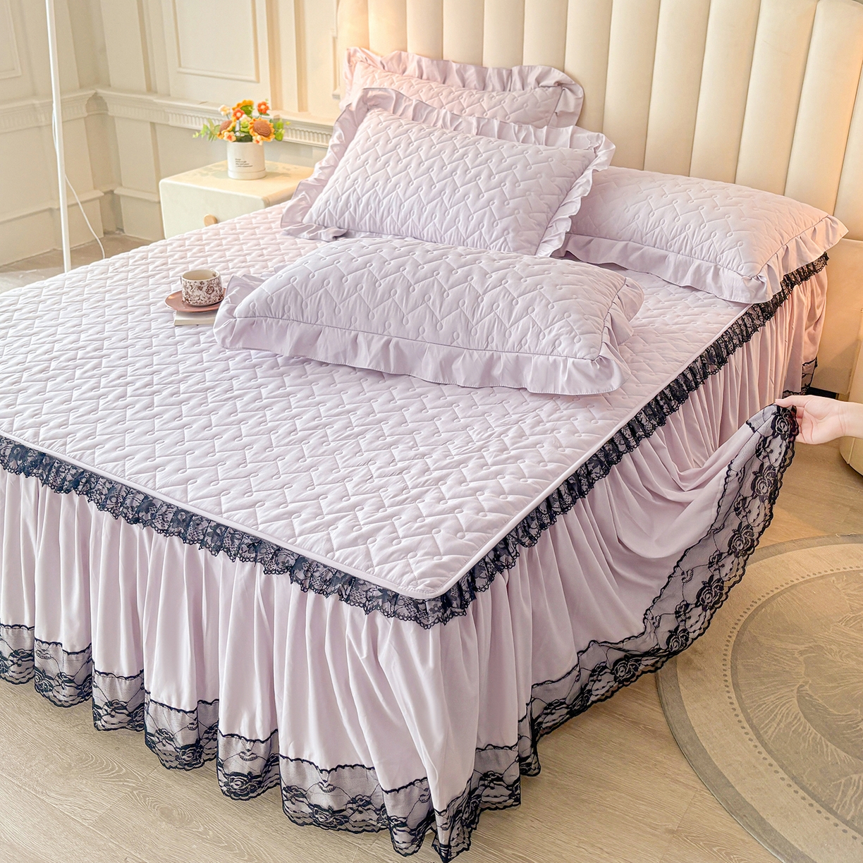 91家纺网 家纺一手货源 找家纺 笠裙家纺 2025新款蕾丝水洗棉夹棉加厚单床裙-繁星 繁星-玫瑰紫