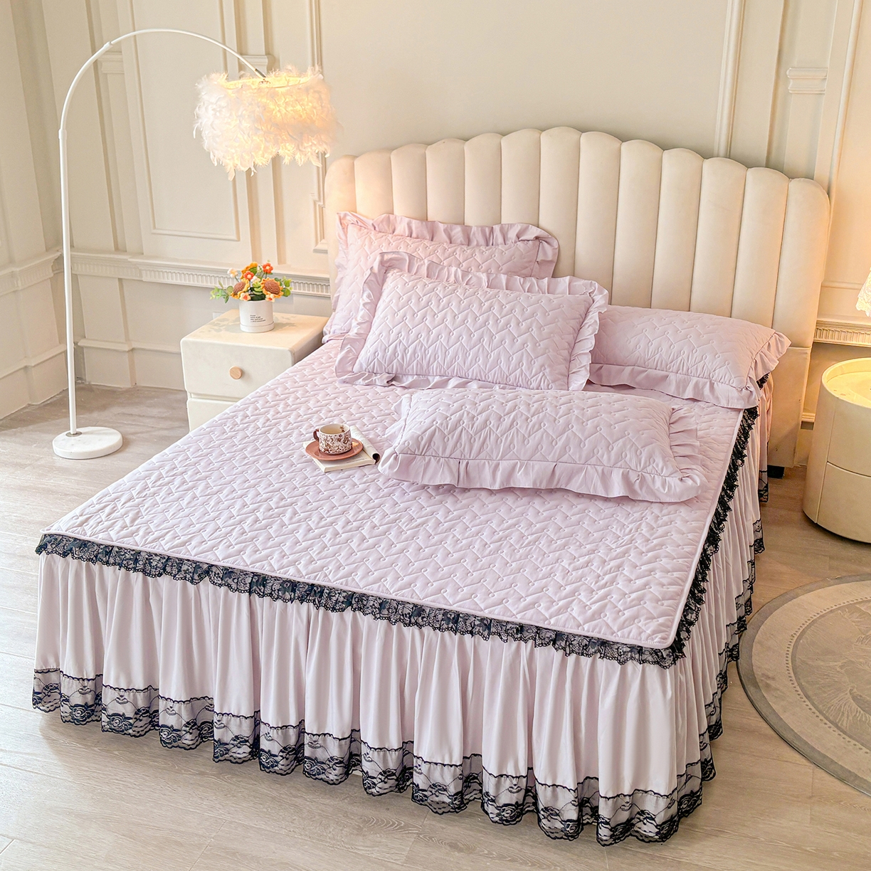 91家纺网 家纺一手货源 找家纺 笠裙家纺 2025新款蕾丝水洗棉夹棉加厚单床裙-繁星 繁星-玫瑰紫