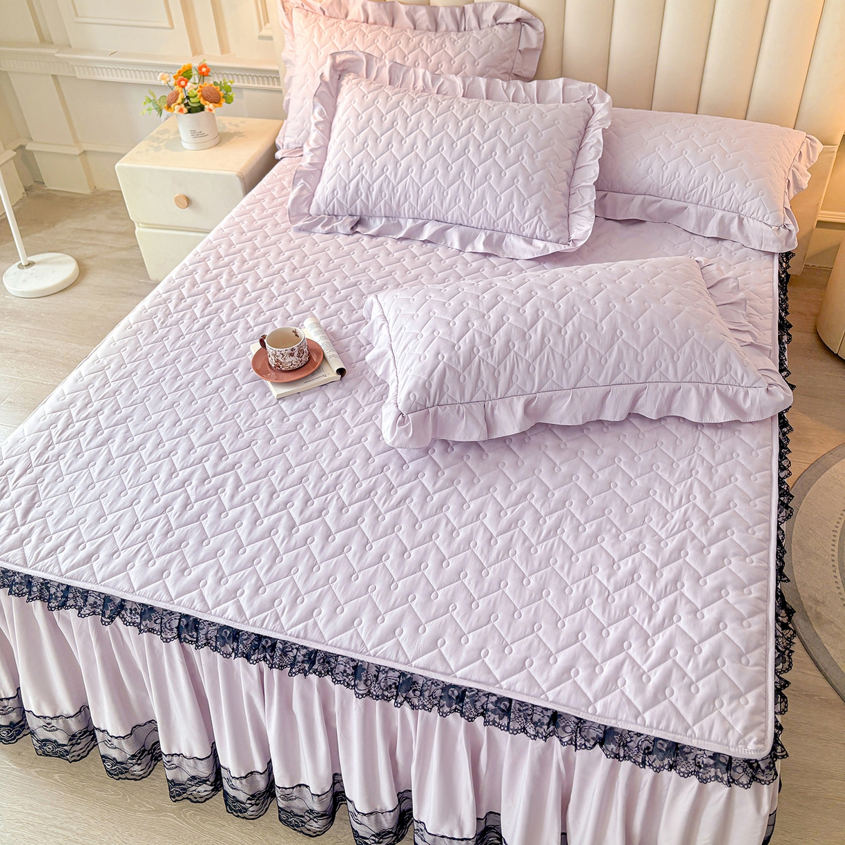 91家纺网 家纺一手货源 找家纺 笠裙家纺 2025新款蕾丝水洗棉夹棉加厚单床裙-繁星 繁星-玫瑰紫