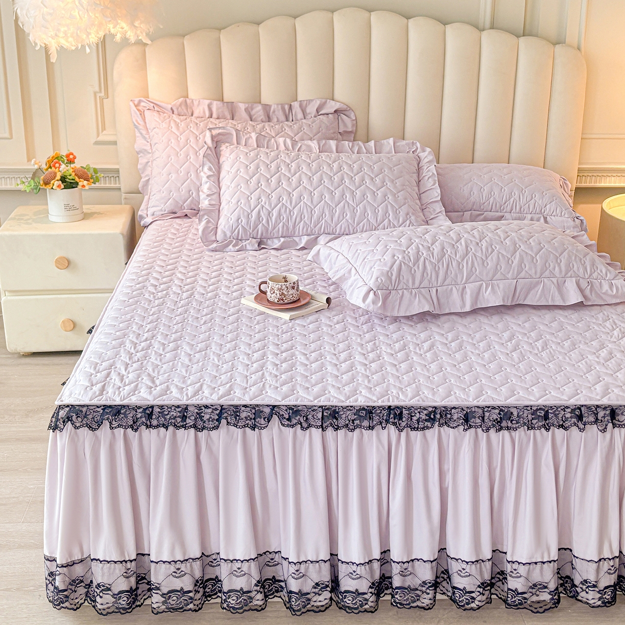 91家纺网 家纺一手货源 找家纺 笠裙家纺 2025新款蕾丝水洗棉夹棉加厚单床裙-繁星 繁星-玫瑰紫