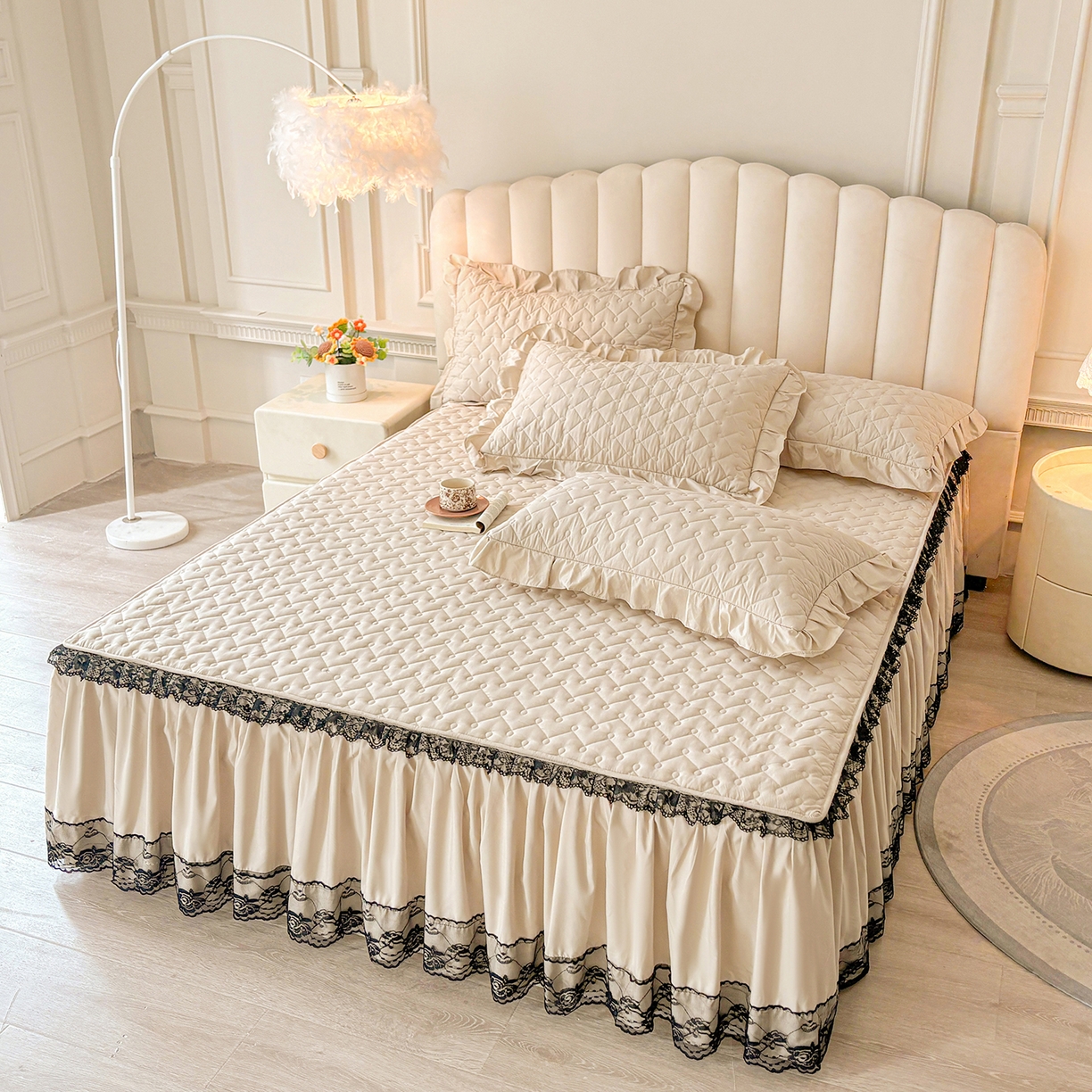 91家纺网 家纺一手货源 找家纺 笠裙家纺 2025新款蕾丝水洗棉夹棉加厚单床裙-繁星 繁星-浅咖