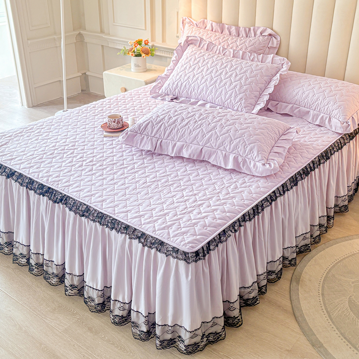 91家纺网 家纺一手货源 找家纺 笠裙家纺 2025新款蕾丝水洗棉夹棉加厚单床裙-繁星 繁星-玫瑰紫