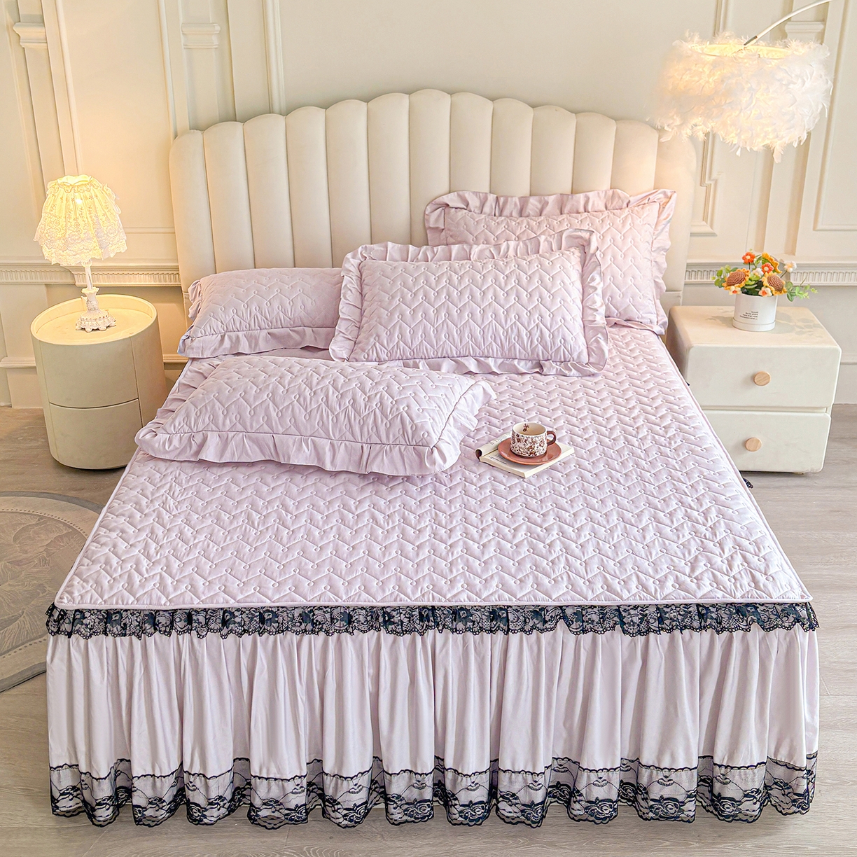 91家纺网 家纺一手货源 找家纺 笠裙家纺 2025新款蕾丝水洗棉夹棉加厚单床裙-繁星 繁星-玫瑰紫