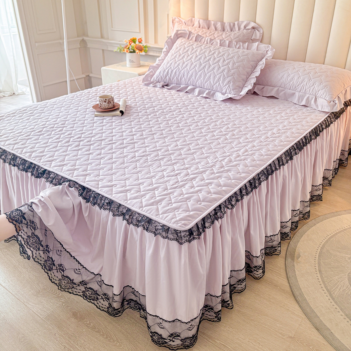 91家纺网 家纺一手货源 找家纺 笠裙家纺 2025新款蕾丝水洗棉夹棉加厚单床裙-繁星 繁星-玫瑰紫