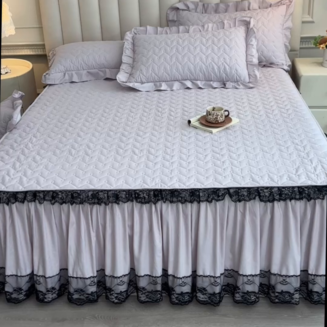 91家纺网 家纺一手货源 找家纺 笠裙家纺 2025新款蕾丝水洗棉夹棉加厚单床裙-繁星 繁星-玫瑰紫